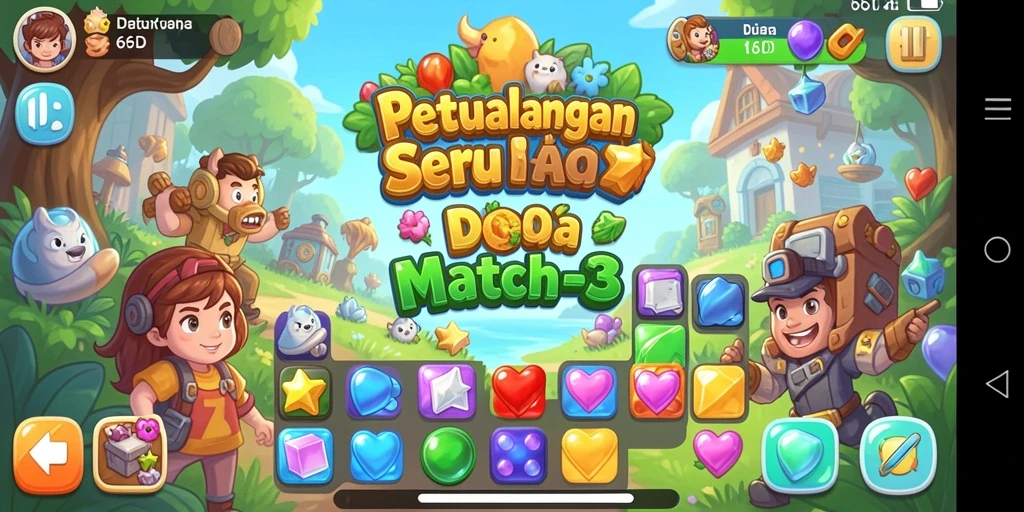 Tampilan seru gameplay Match-3 dalam 66D yang penuh warna.
