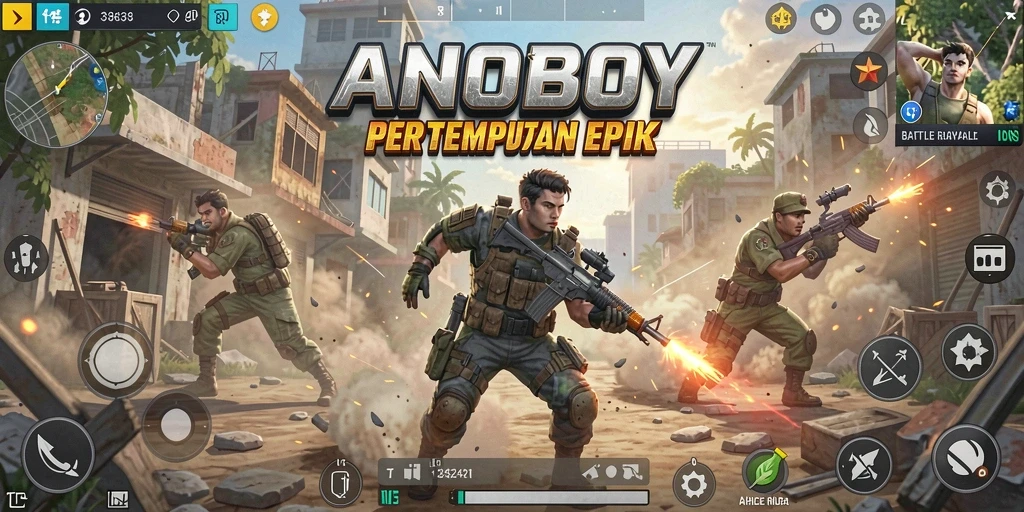 Screenshot gameplay ANOBOY menampilkan aksi intens pertempuran Battle Royale.