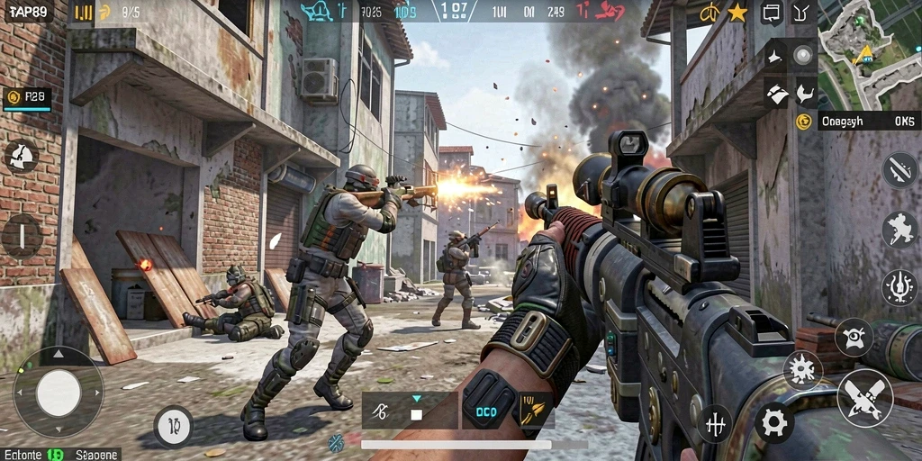 Screenshot menampilkan aksi intens dalam gameplay FPS RAP89.