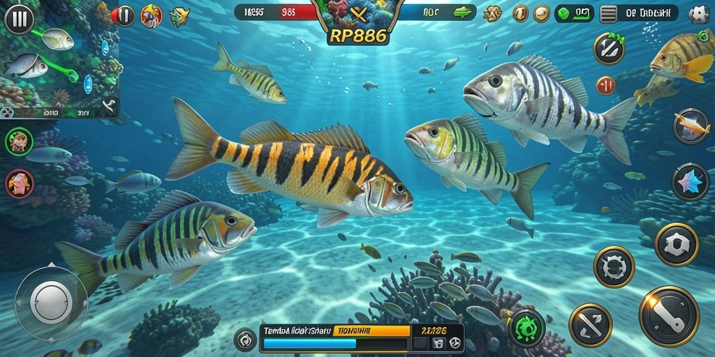 Tangkapan layar gameplay seru dari RP886 dengan aksi tembak ikan.