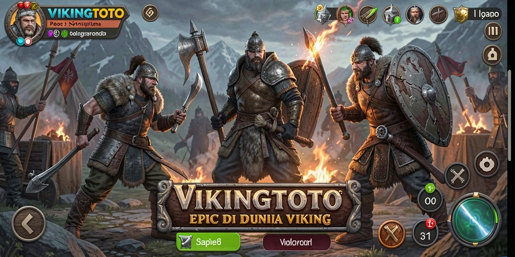 Tangkapan layar menunjukkan pertarungan seru antara karakter Viking dengan latar yang dramatis.